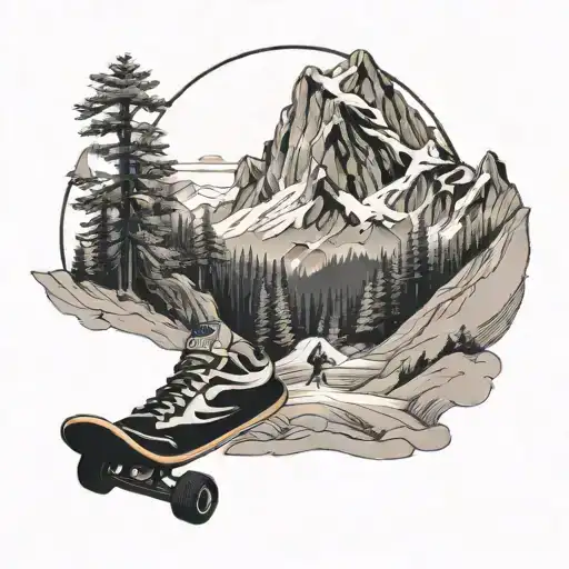 A Black-grey Tattoo Of A Majestic Mountain Landscape With A Skateboarder Carving Down The Slopes