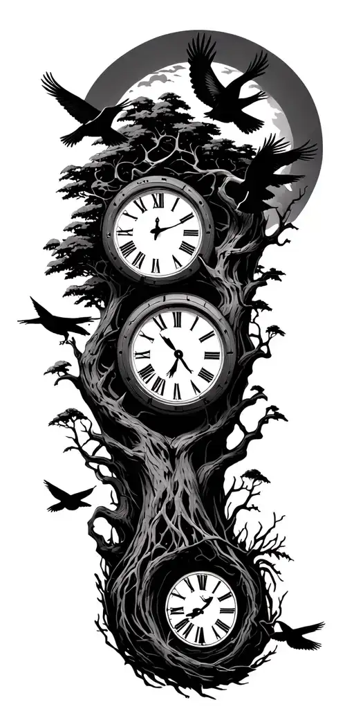 Clock And 3 Birds Flying And Tree Growing