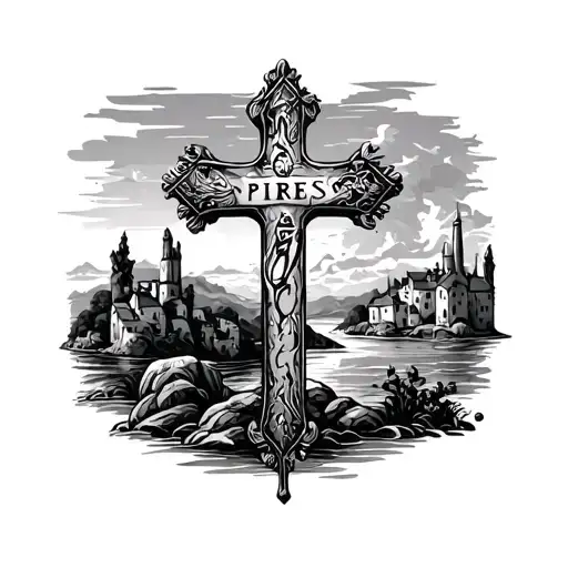Cross With The Word Pires With Portugal Scenery In The Background