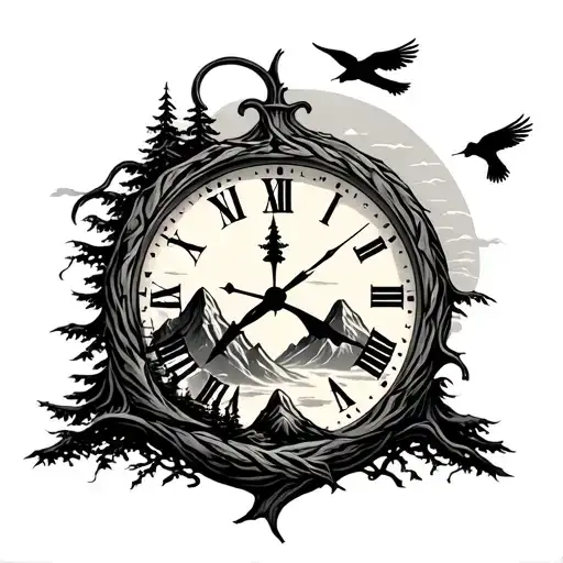 Moutains Tree Clock Birds Flying