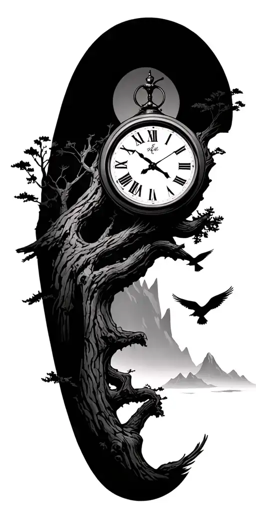Moutains Tree Clock Birds Flying