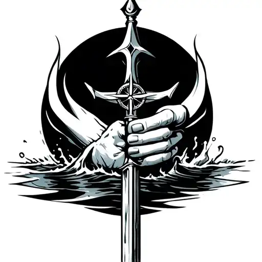 A Hand Holding Trident With A Nautical Compass For The Pommel Coming Up Out Of The Water
