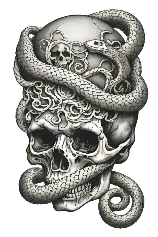 H R Geiger Snake Wrapped Around A Human Skull