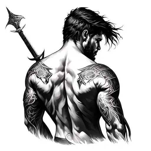 Warrior Back Tattoo In Black And White And Good Detail