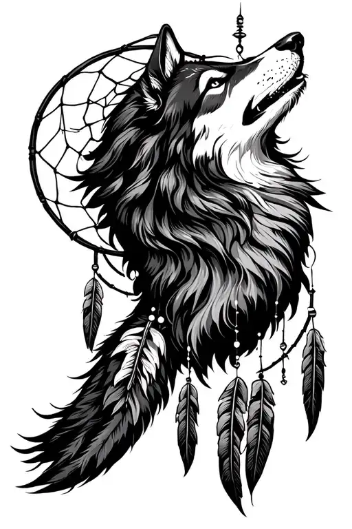 Dream Catcher And Wolf Howling At The Moon