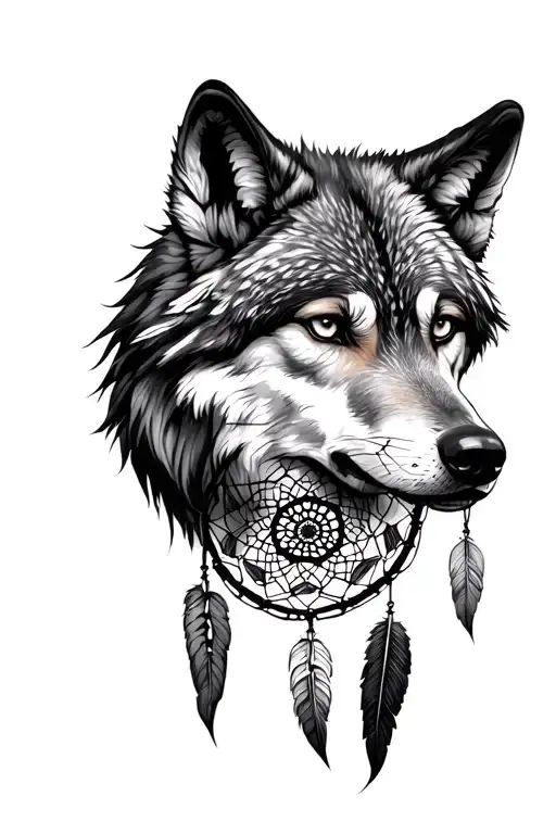 Dream Catcher And Wolf Realistic Depiction