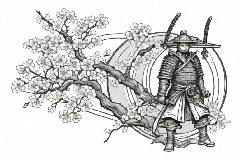 Samurai And Cherry Blossom Tree In Black Lines