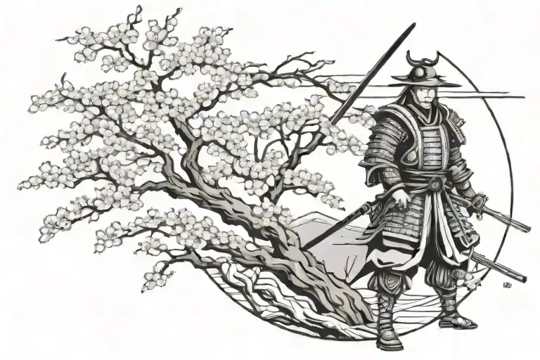 Samurai And Cherry Blossom Tree In Black Lines