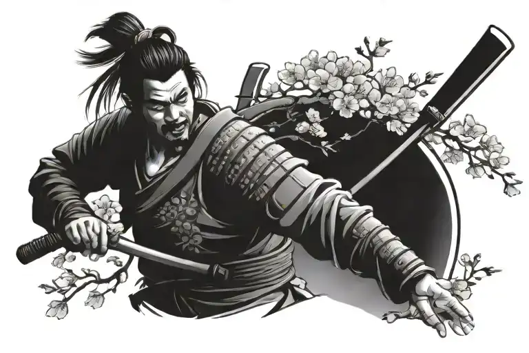 Samurai And Cherry Blossom Tree In Black Lines Shoulder And Sleeve