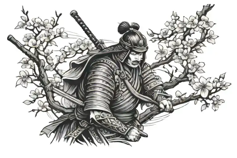 Samurai And Cherry Blossom Tree Shoulder And Sleeve