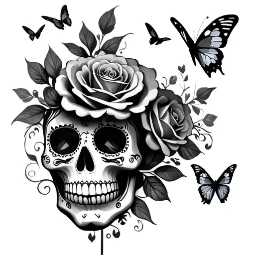 Sugar Skull Roses Butterflies Flying