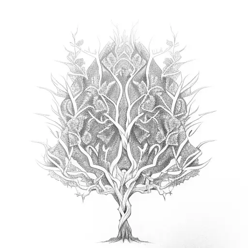 Elvish Tree Wrapped In Thorny Vines With Dark Tones