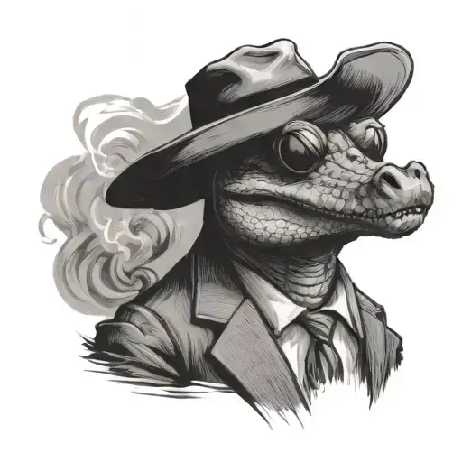 A Portrait Of A Serious Alligator Who Is Wearing A Suit And A Mafia Fedora While Smoking A Cigar