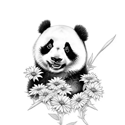 Tattoo Baby Panda And Sits On Big Daisieflower