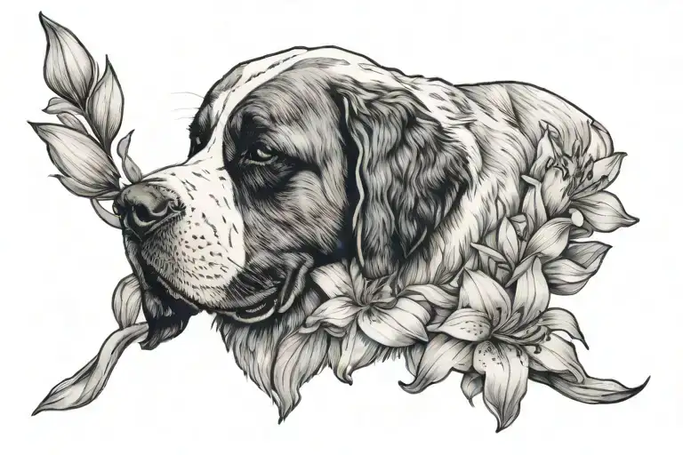 Saint Bernard Dog And Lily Flowers Intertwined