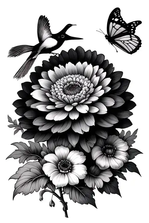 Chrysanthemum And Iris Flowers With A Butterfly And A Bird