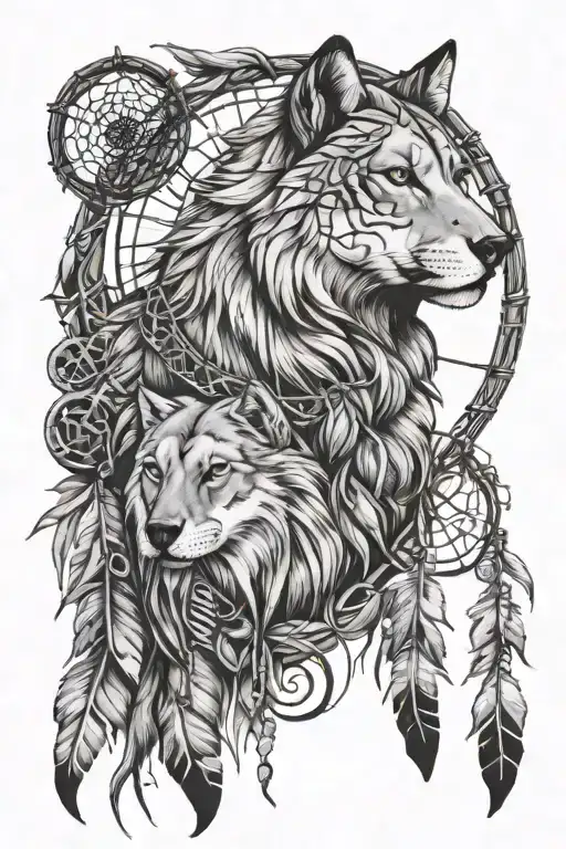 Half Lioness Half Wolf In A Dream Catcher