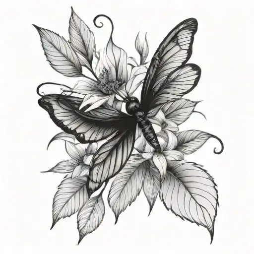 Libellule And Flower Large Black Leaves Growing