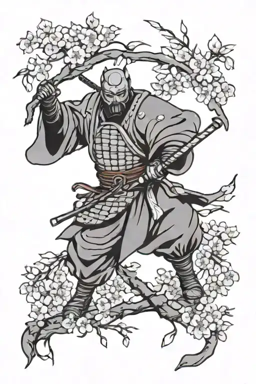 Japanese Ronin Surrounded By Cherry Blossoms Falling