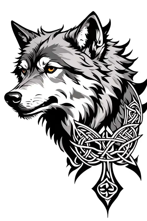 Nordic Wolf With Celtic Cross Sleeve Tattoo Design