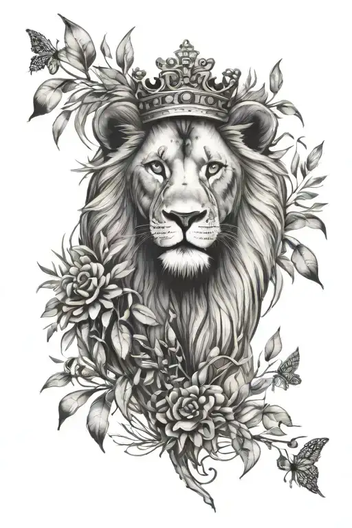 Lion Head With A Crown Made Of Olive Branches And Butterflies Above The Olive Branches