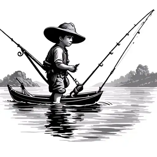 Landscape At Sea Fisherman Kid Fishing Scene