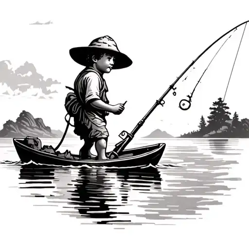 Landscape At Sea Fisherman Kid Fishing Scene