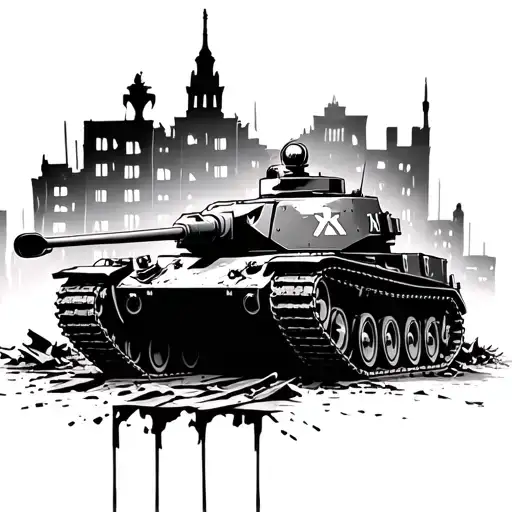 German 2 World War Ii Tank In Front Of Destroyed City Silhouette Berlin With A Few Bright Windows