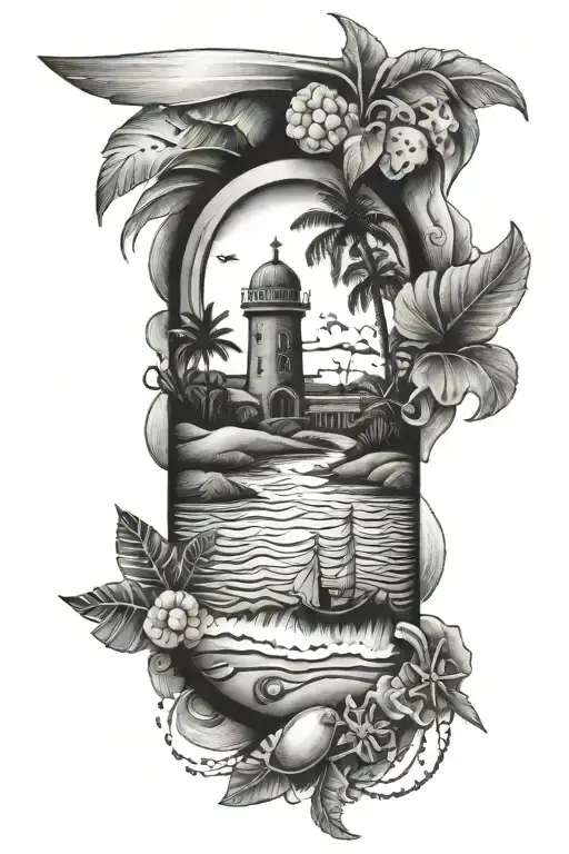 Lock And Beach Scene With Palm