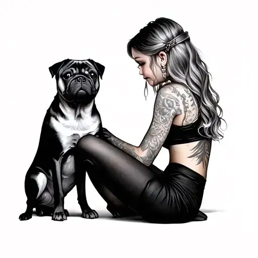 Girl Sitting With Pug Dog Backside View