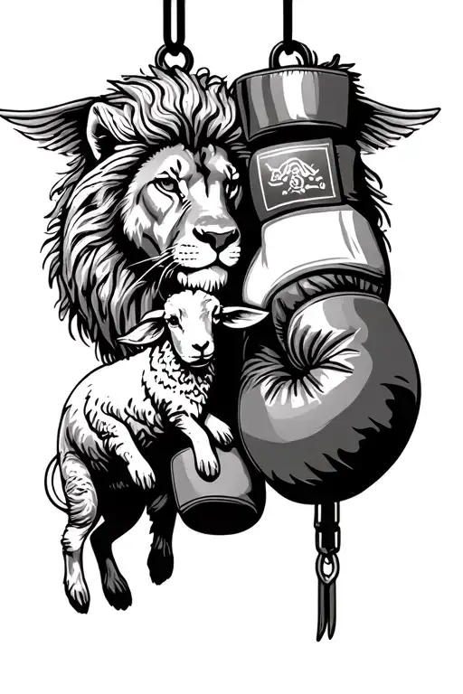 Boxing Gloves Hanging With A Lion And A Lamb