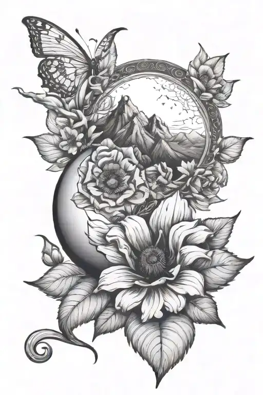 Crescent Moon With Mountains And Moths Wrapped Around The Tattoo Are Vines With Poppies And Violets