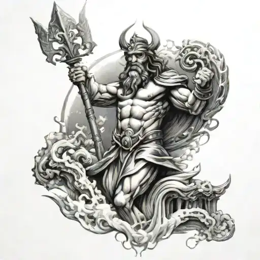 Mystical Poseidon Rising With Trident In The Water