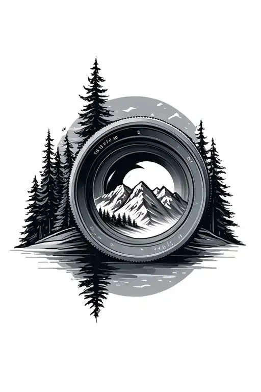 Camera Lens With Mountain Scene And Trees