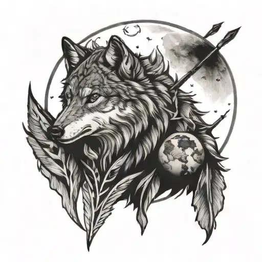 Wolf And Arrows With A Moon Phase