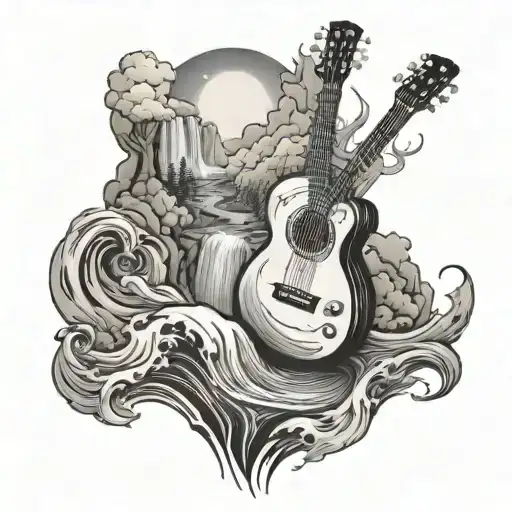 A Waterfall Cascading Into A Guitar-shaped Lake With A Space Backdrop