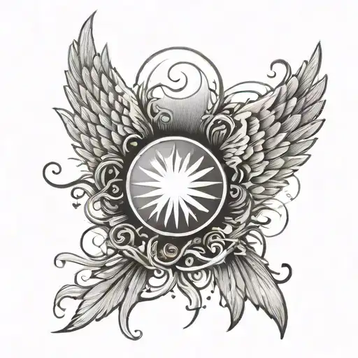 Wings On The Back With A Vertical Phrase In The Middle And A Sun On The Upper Part Of The Back