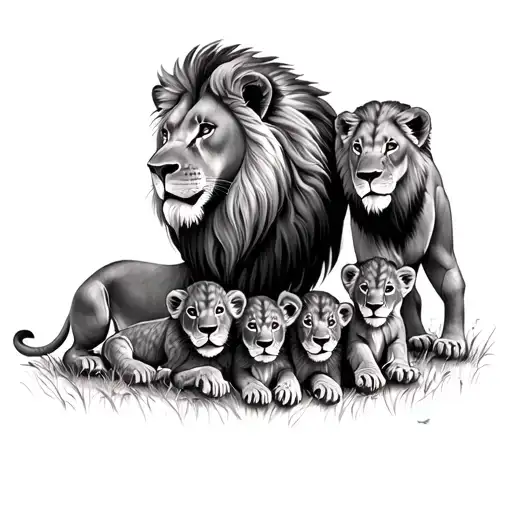 Father Lion Mother Lion And 3 Cubs Playing