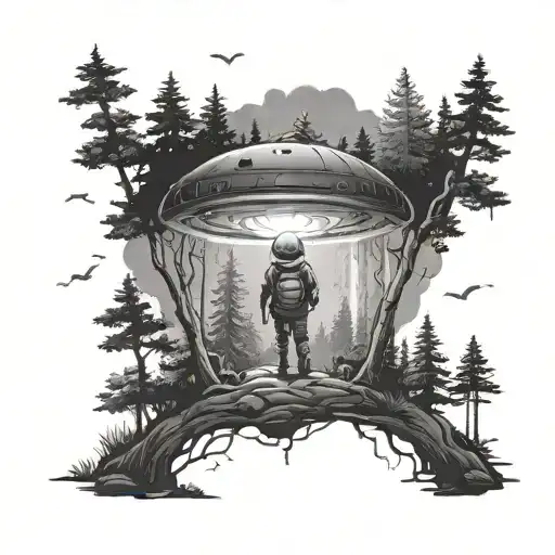 Ufo Light Beaming Down On A Child In A Forest