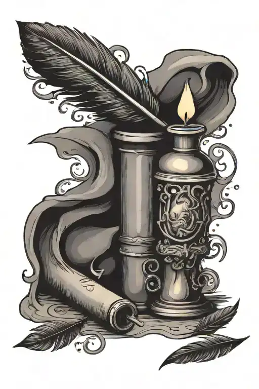 A Paper Scroll With A Quill Pen And Ink Bottle And Burning Candle