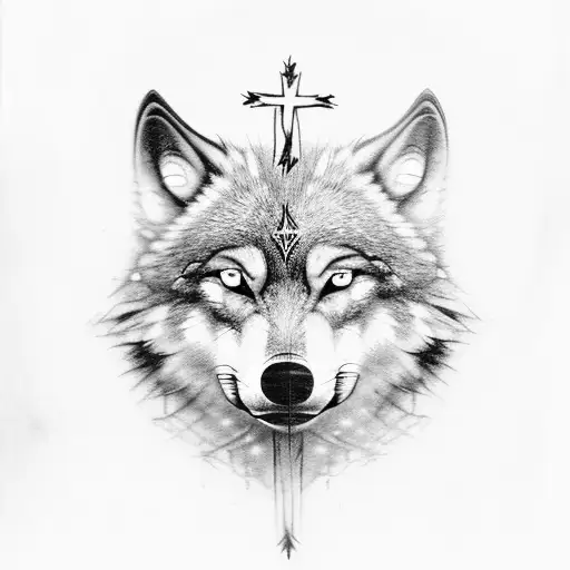 A Wolf Face Surrounded With Trees With A Cross