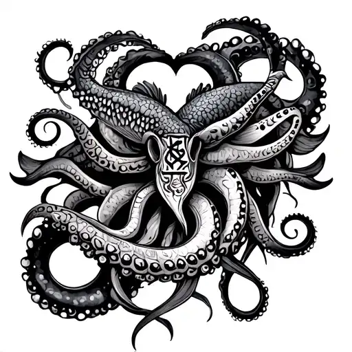 Tentacles And Fish With Runic Symbols Of Love And Prosperity
