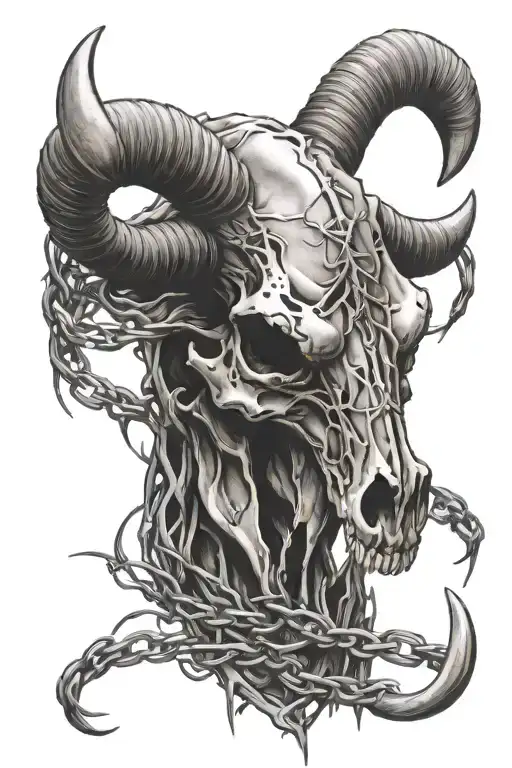 Bull Skull With Barbed Wire Wrapped On Horns