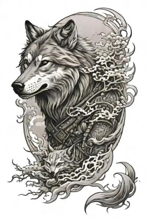 A Mystical Scene Of A Wolf And Japanese Samurai