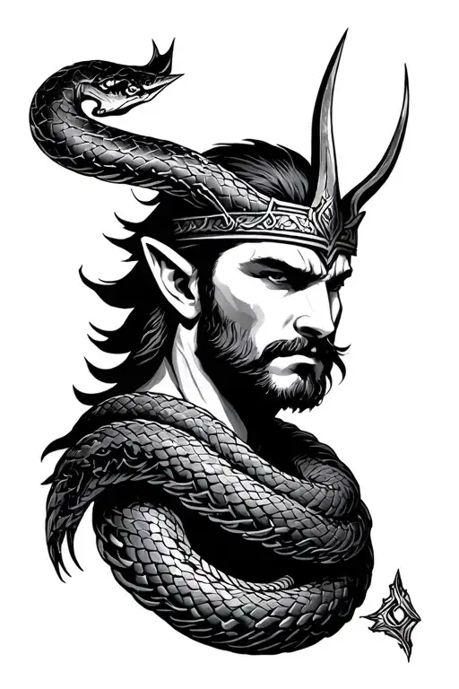Portrait Loki Norse God With Serpent Coiled Around Neck