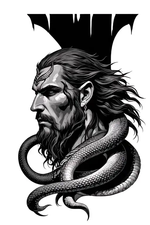 Portrait Loki Norse God With Serpent Coiled Around Neck Sinister