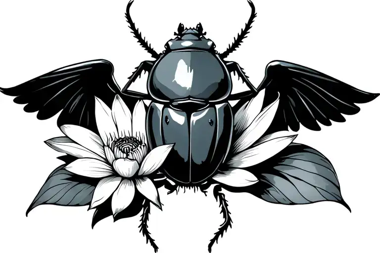 Scarab Beetle With Its Wings Strethed Out Holding A Lotus Flower