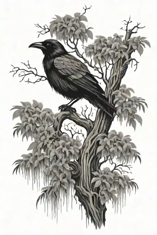 Willow Tree And Raven Perched