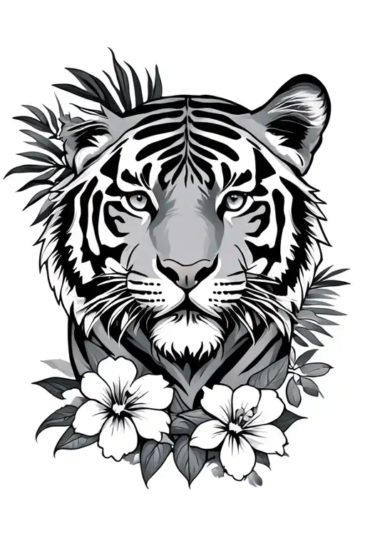 Jungle Tiger With Leave And Hawaiian Flowers