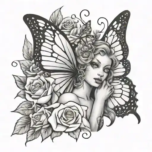 Butterfly With Roses And A Fairy Peeking